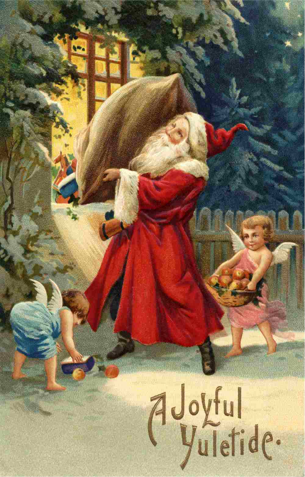 An early Christmas card with Santa hauling presents outside a house surrounded by two baby angels to celebrate Christmas card history.