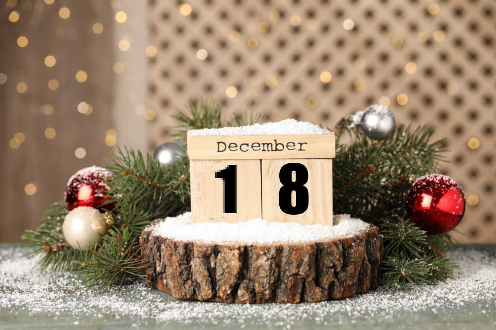 December 18 calendar Wooden block calendar for December with holiday decorations.