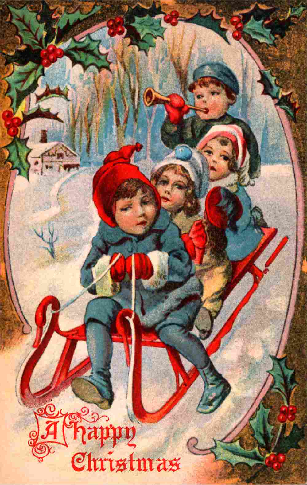Vintage Christmas card image of children sledding An early Christmas card depicting four children on a red sled in the snow with the Christmas quote "A Happy Christmas" at the bottom of the card.