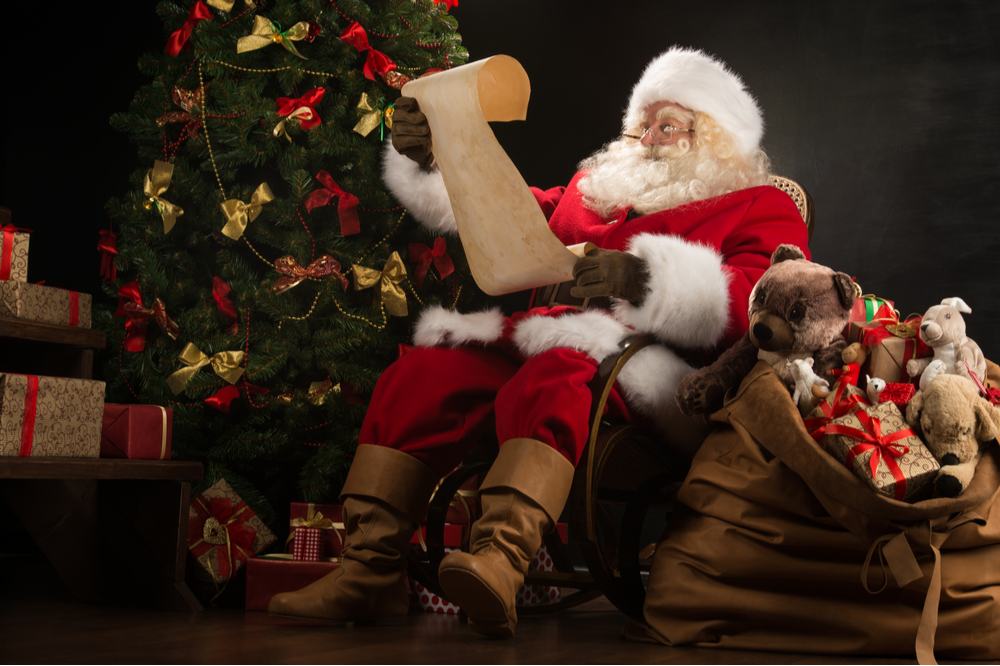 Santa reading his list next to a Christmas tree. Santa sitting in a chair next to a tree and a sack of presents reading a parchment scroll with facts about Santa on it.