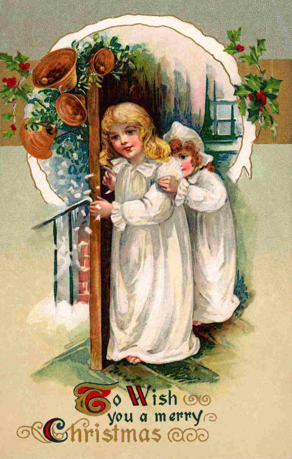 Vintage Christmas card design of two young girls An old Christmas card design with two little girls in white nightgowns and a Christmas quote that reads "to wish you a merry Christmas" on it to celebrate the history of Christmas cards.