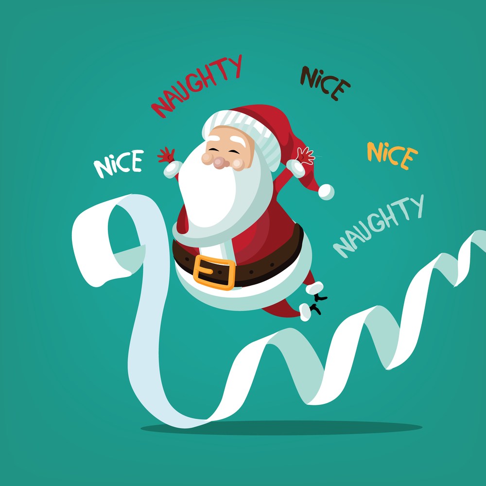 Santa and his list. A clipart Santa jumping over a long list surrounded by the words "nice" and "naughty" and as the list extends past the frame of the image it begs the question "how long is Santa's list?".