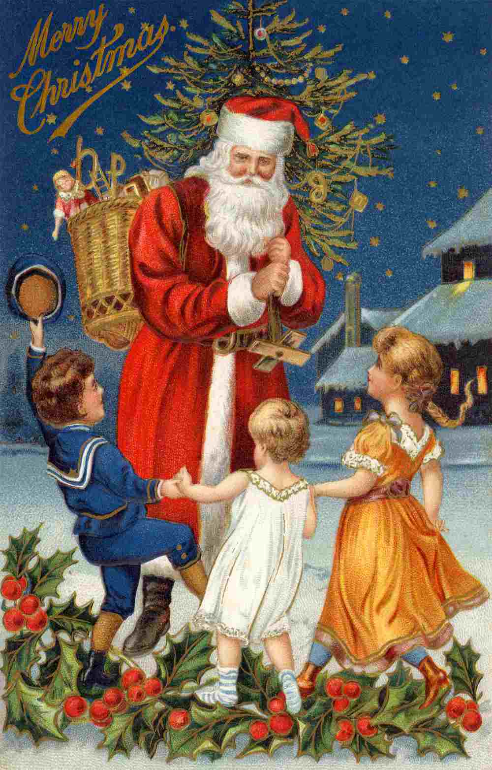 Vintage Santa Christmas card design One of the first Christmas cards with the image of Santa holding a Christmas tree and sack of presents outside in the snow surrounded by three children.