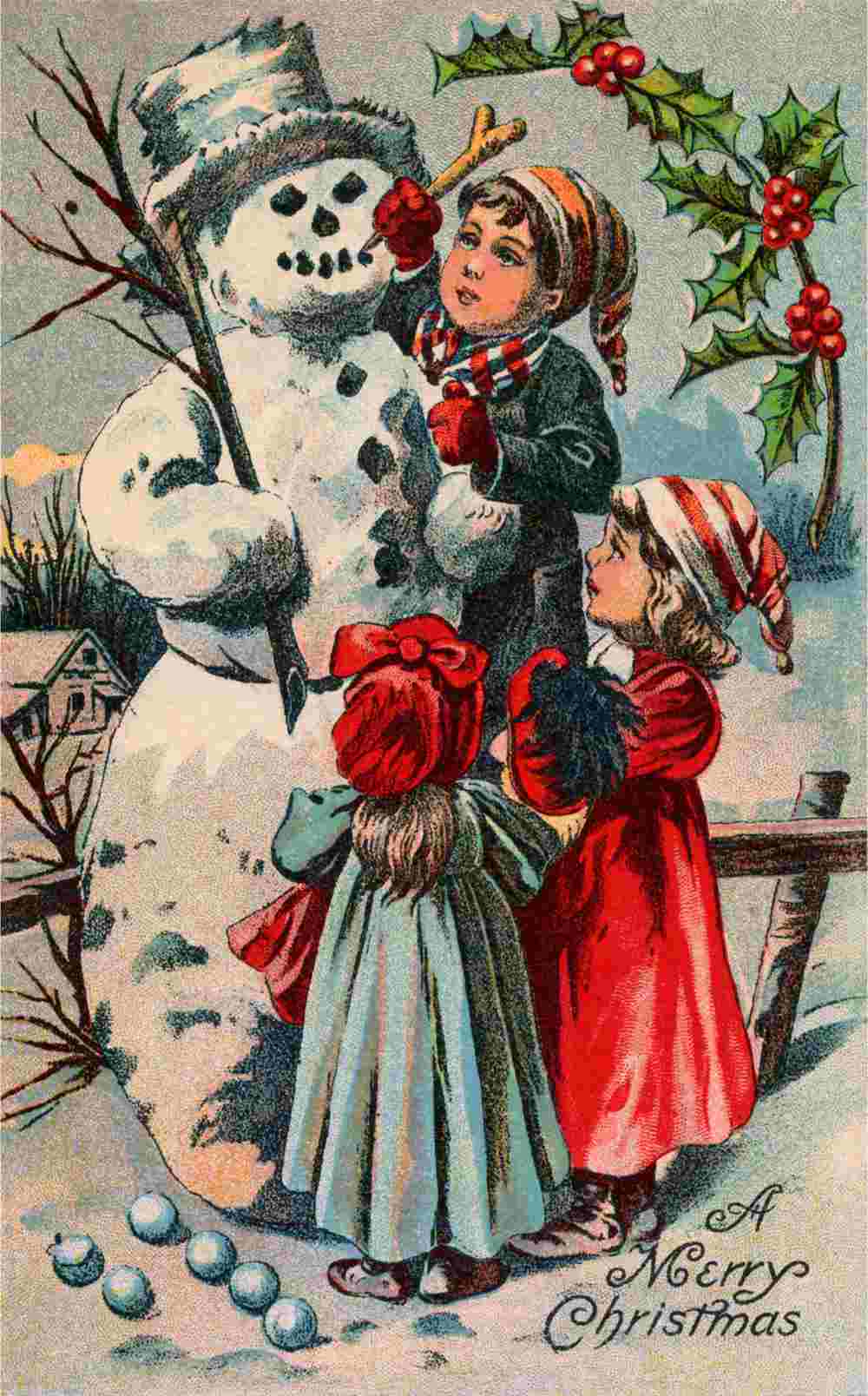 An early Christmas card design on three children making a snowman A vintage Christmas card design with three children next to a snowman with a silver hat.
