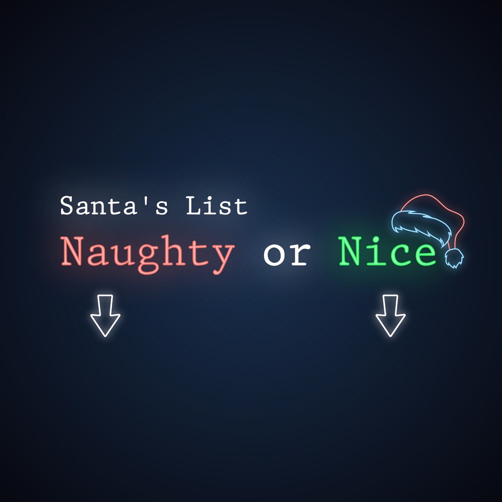 Naughty and nice list signs. An image of neon signs representing Santa's two lists, the neon sign on the left says Naughty and the one on the right says Nice.