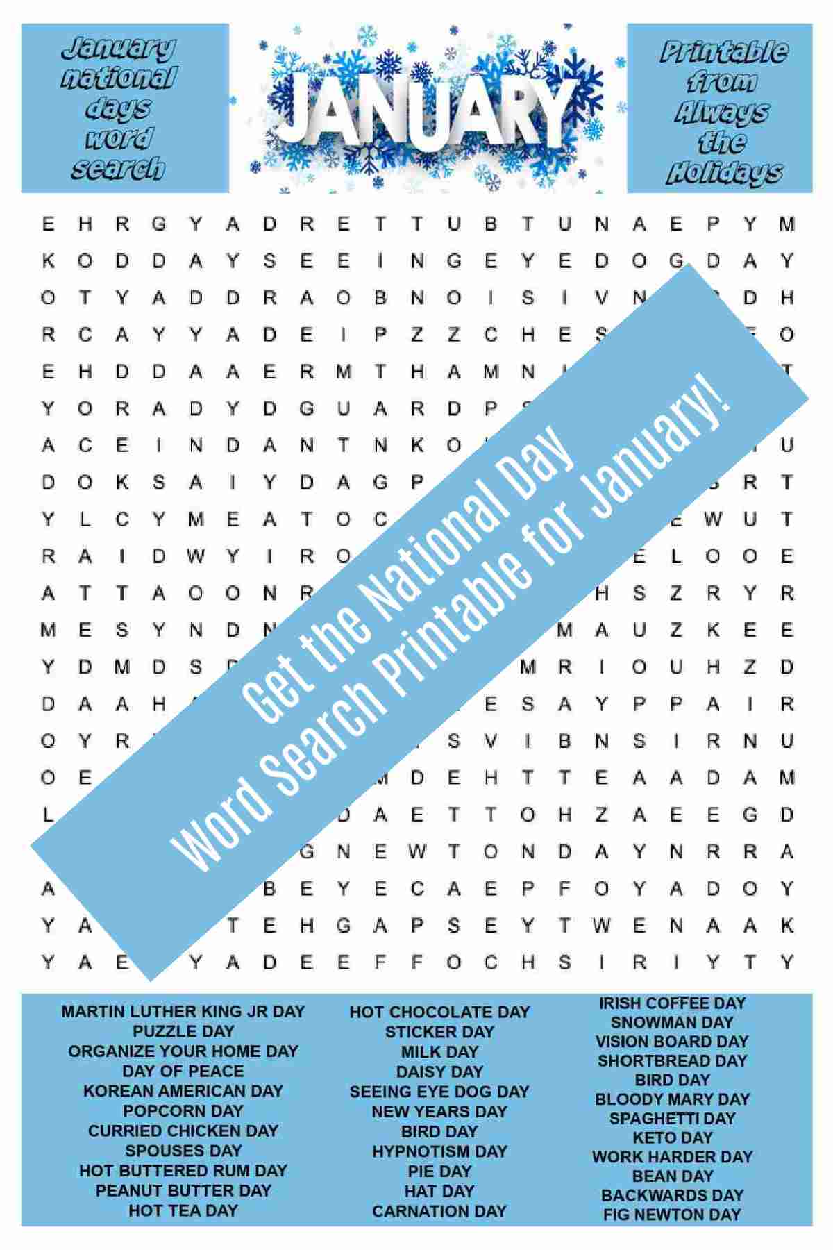 Get the Word Search Puzzle for January A word find puzzle with blue banner overlay and text reading Get the national day word search printable for January.