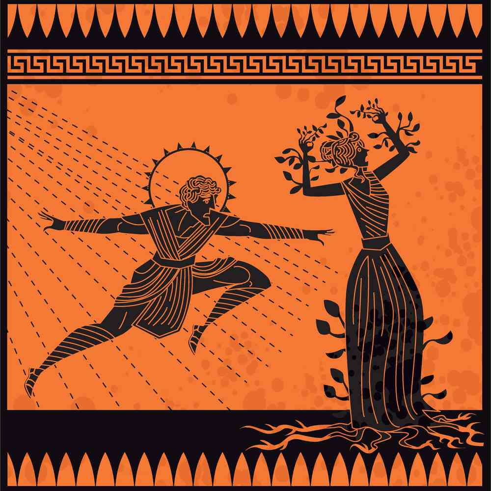 Apollo chasing Daphne An orange and black depiction of the Apollo and Daphne myth where Apollo is chasing Daphne, and she turns into a laurel tree.