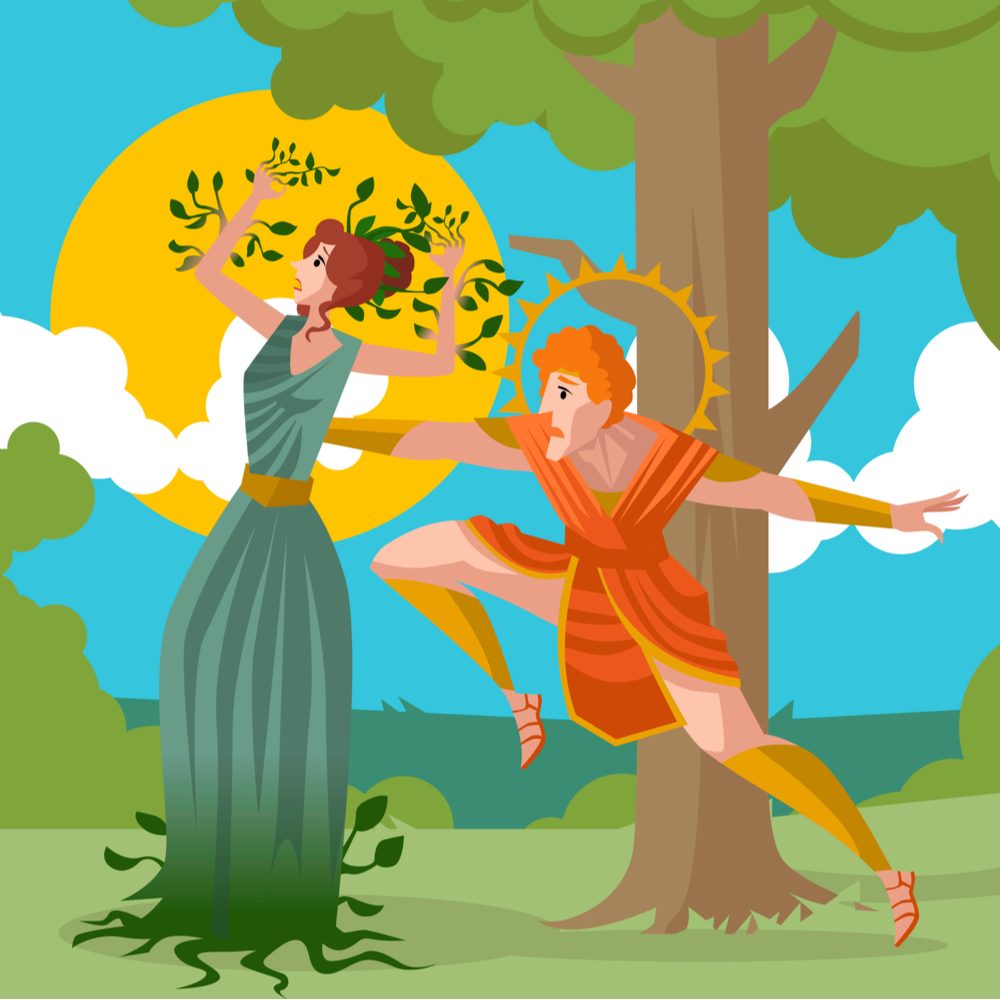 Apollo chasing Daphne as she turns into laurel A cartoon depiction in bright colors of the Daphne and Apollo myth, where Apollo is chasing Daphne as she is turning into a laurel tree in the forest.