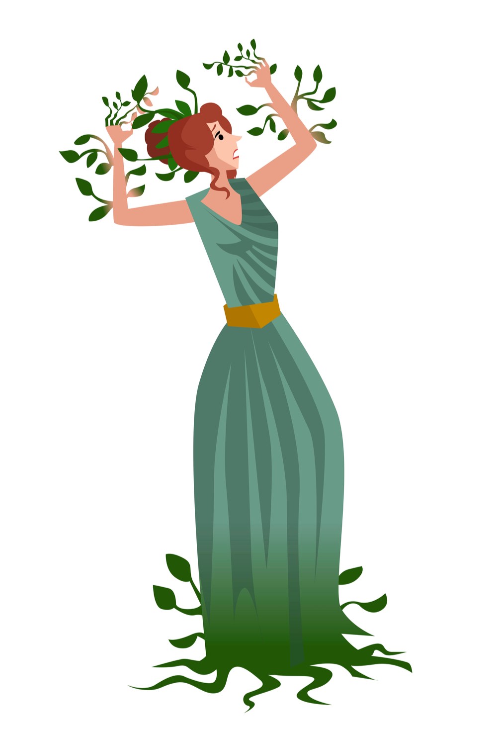 Daphne turning into laurel A cartoon image of Daphne Greek mythology in a green dress with a yellow belt as she is turning into a laurel tree sprouting leaves and branches.