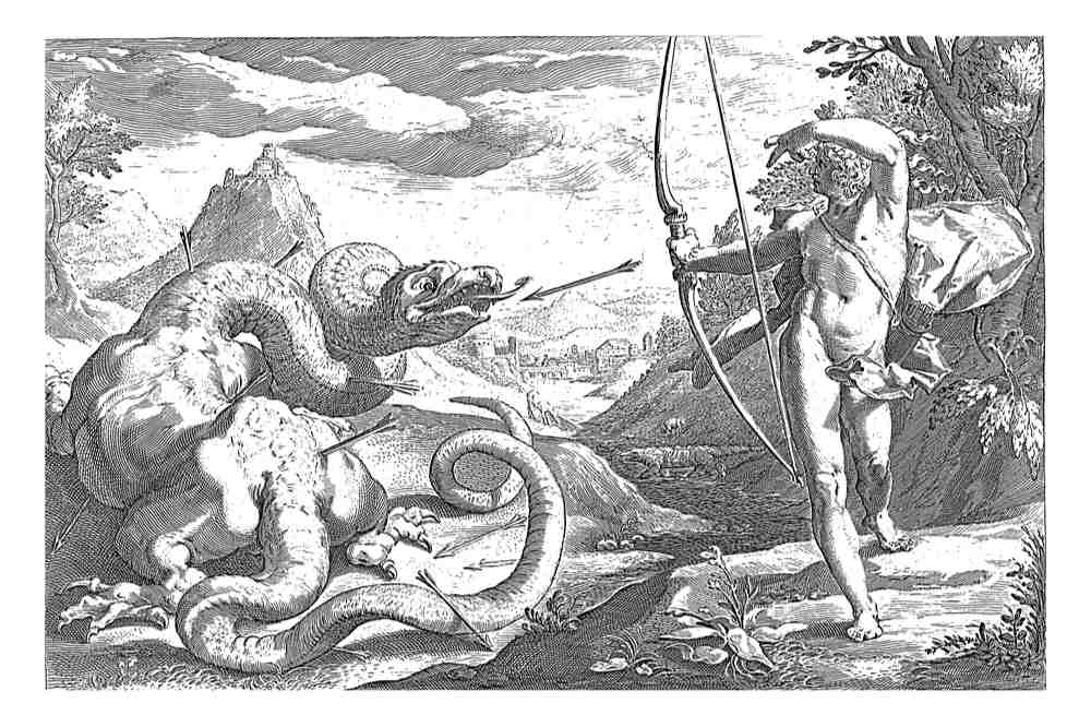 Apollo kills Python A black and white image of Apollo with a bow and arrow, defeating Python at Delphi.