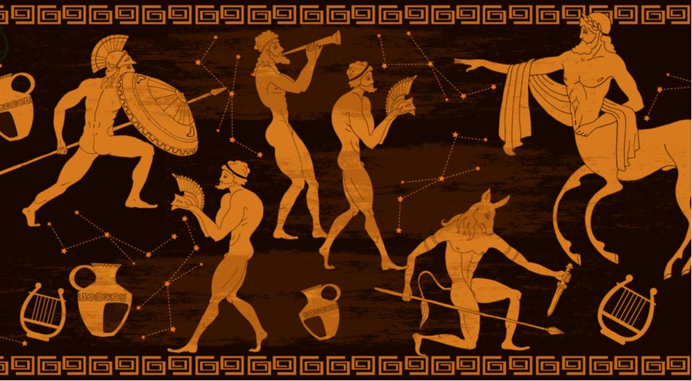 Greek gods and Roman gods An image of Greek mythology and Roman mythology gods, their symbols and constellations against a brown background.