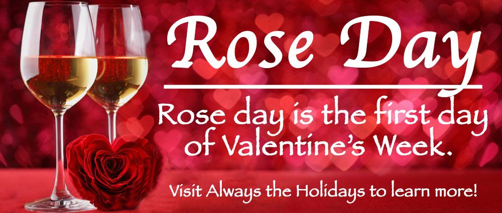 Rose Day graphic A background of out of focus hearts, with two glasses of white wine and a red heart in the foreground with a text overlay that says "Rose Day - Rose day is the first day of Valentine's Week".