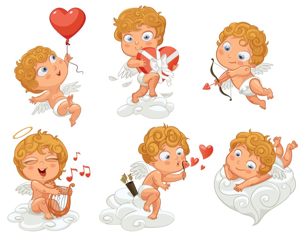 Six clip art Valentine's Day Cupids doing various things like holding a bow and arrow, playing the harp, holding a box of chocolates and heart shaped balloon.