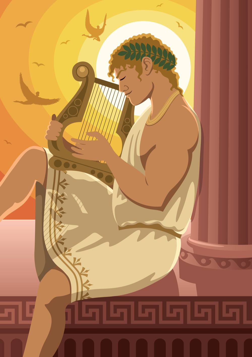 Apollo with harp and laurel A cartoon of Apollo showing Apollos symbols and what Apollo is the god of.