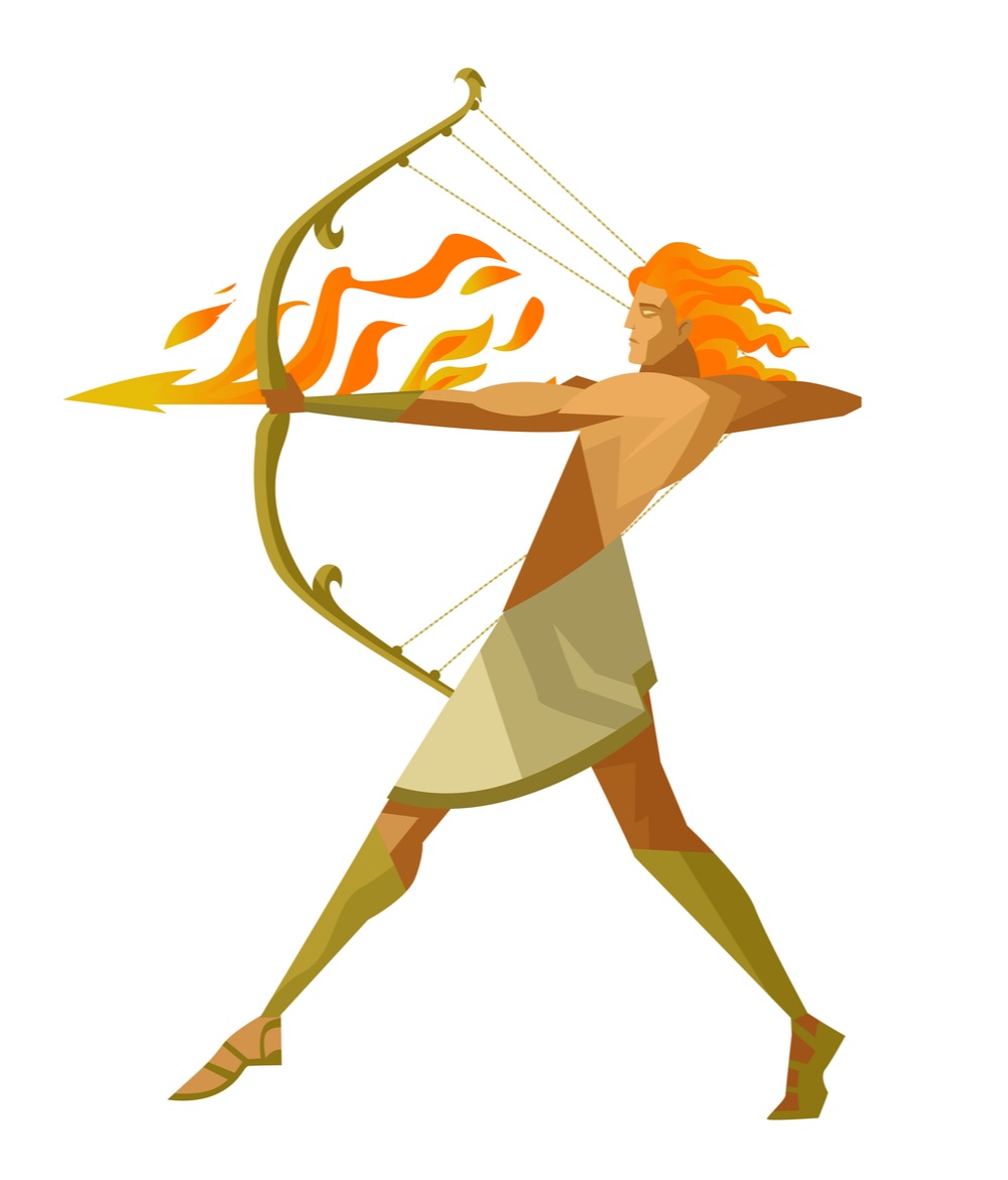 Apollo with bow and arrow An image of Apollo with a flaming bow and arrow against a white background.