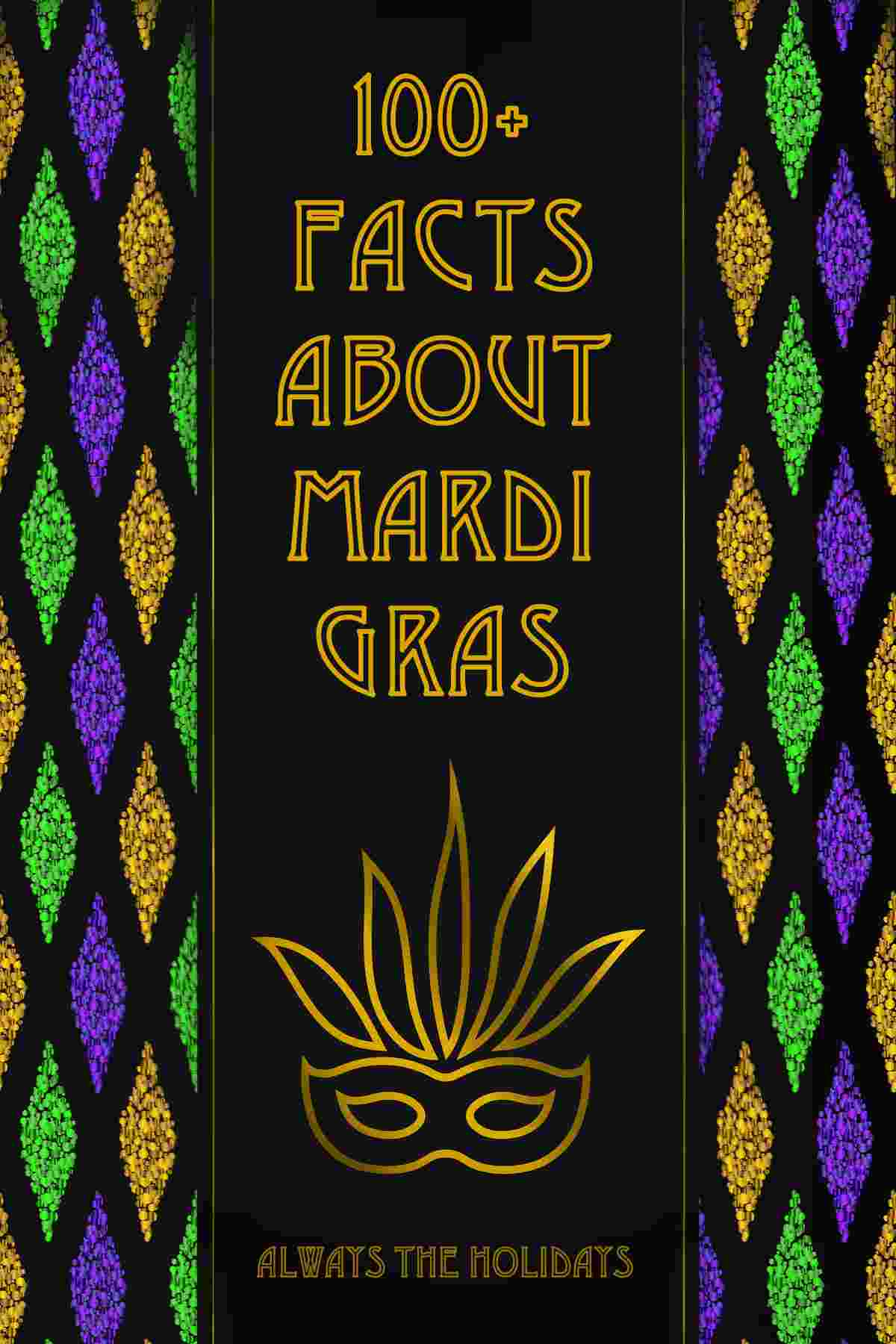 A Mardi Gras mask and the words "100+ facts about Mardi Gras" on a black banner on top of a Mardi Gras background consisting of purple green and gold diamonds.