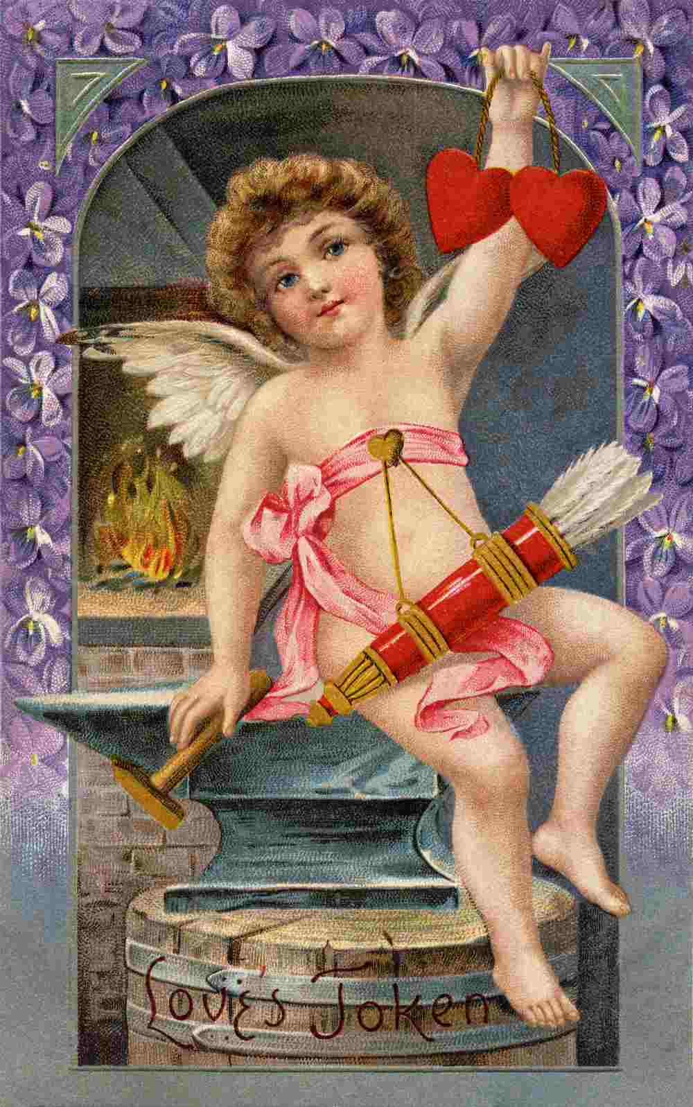Cupid with arrows and hearts A naked Cupid, shown as a child with wings holding two hearts and a quiver of arrows.