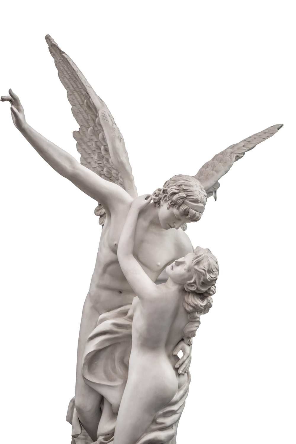 Statue of Cupid and Psyche A statue of the Psyche and Cupid story carved in marble against a plain white background.