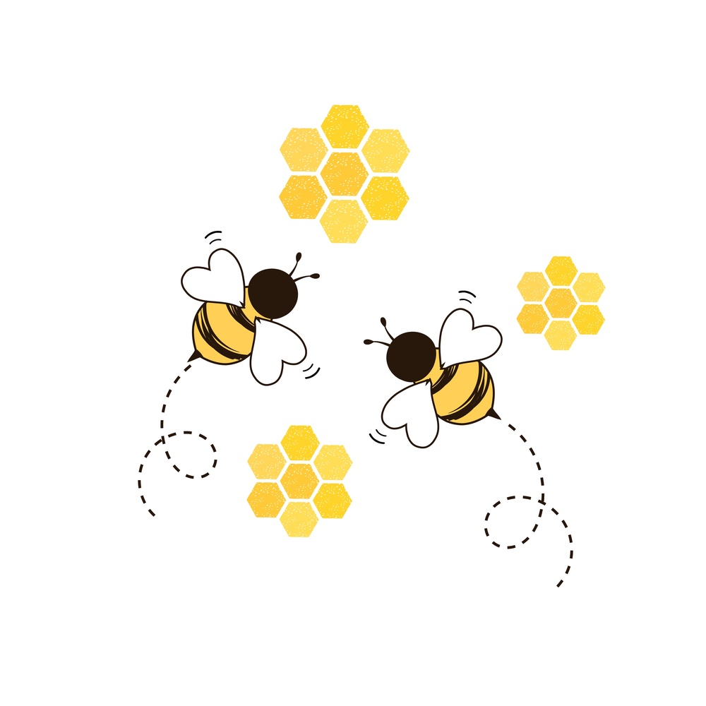 Bees and honeycomb Two cartoon bees buzzing around three small honeycombs to symbolize when Cupid got stung by bees in the story of Cupid and the bees.