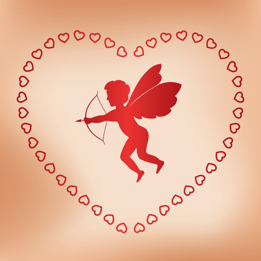 Cupid in a heart outline made of small hearts A clipart red winged Cupid holding a bow and arrow in the center of a red heart, made up of smaller hearts against a beige background.