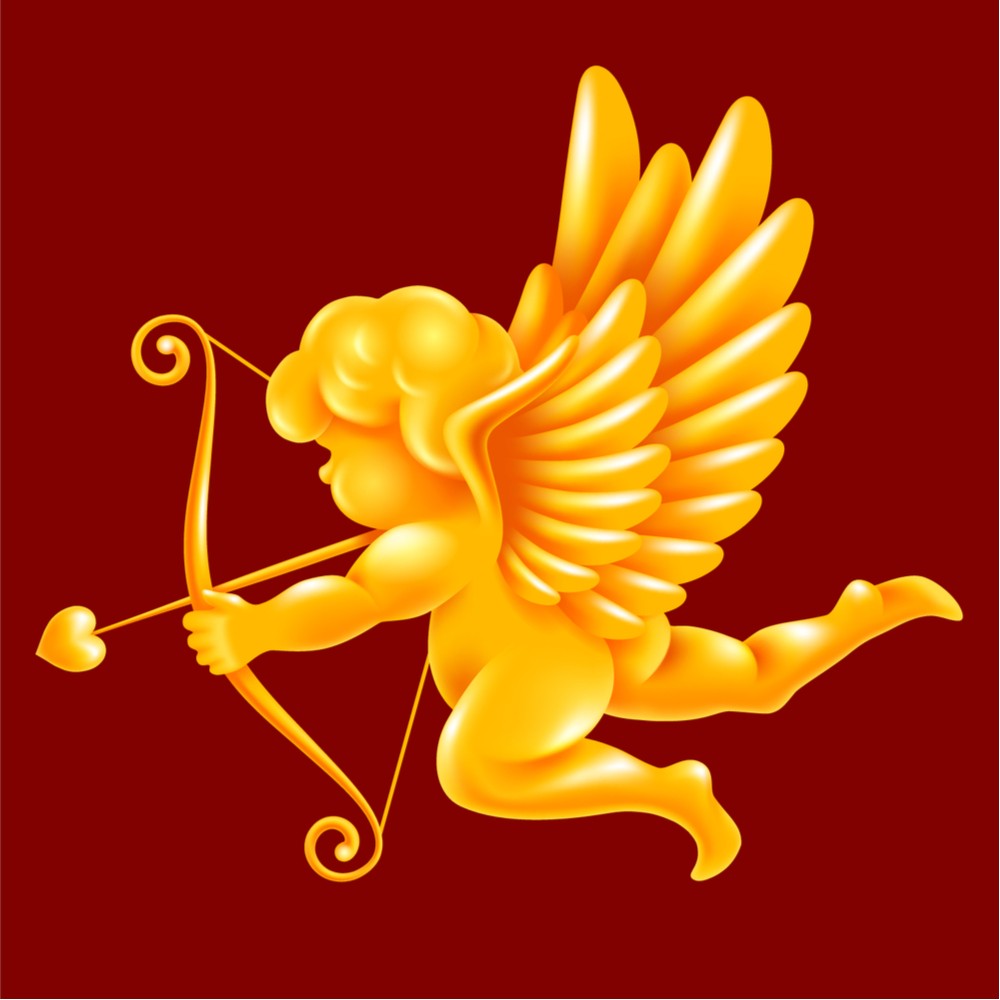 Golden Cupid A gold baby Cupid with wings and his bow and arrow against a burgundy background.