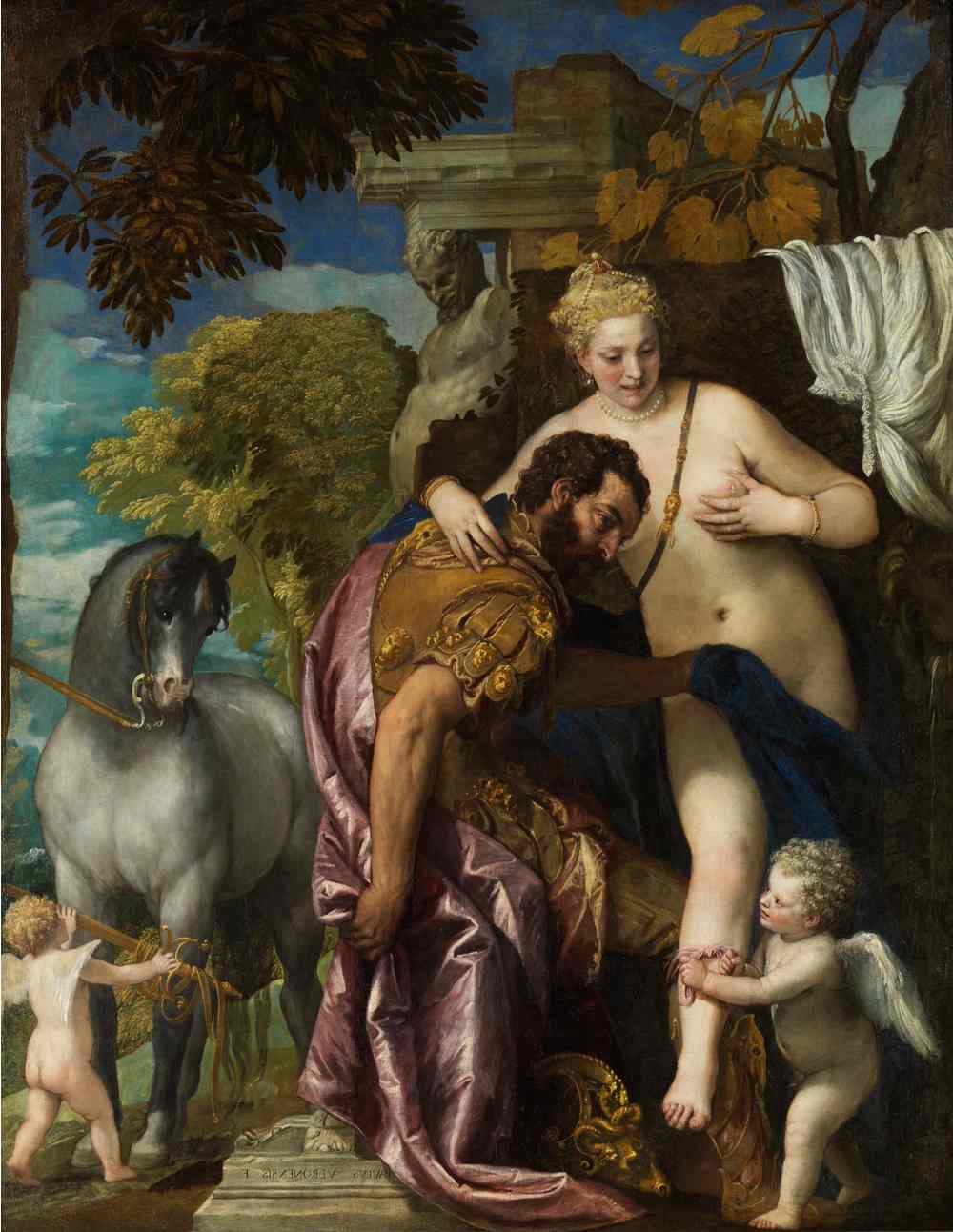 A painting of Cupid and his parents A Cupid Greek mythology painting, where he is tying a love knot around his parents, Venus and Mars.