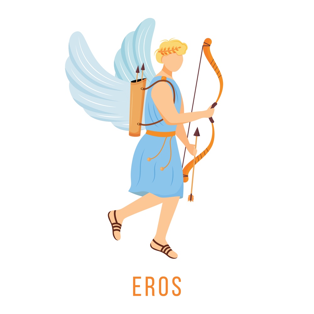 Eros graphic A cartoon of Cupid as a young man in blue with wings, carrying a bow and arrow, with Cupid Greek name, Eros, printed below.