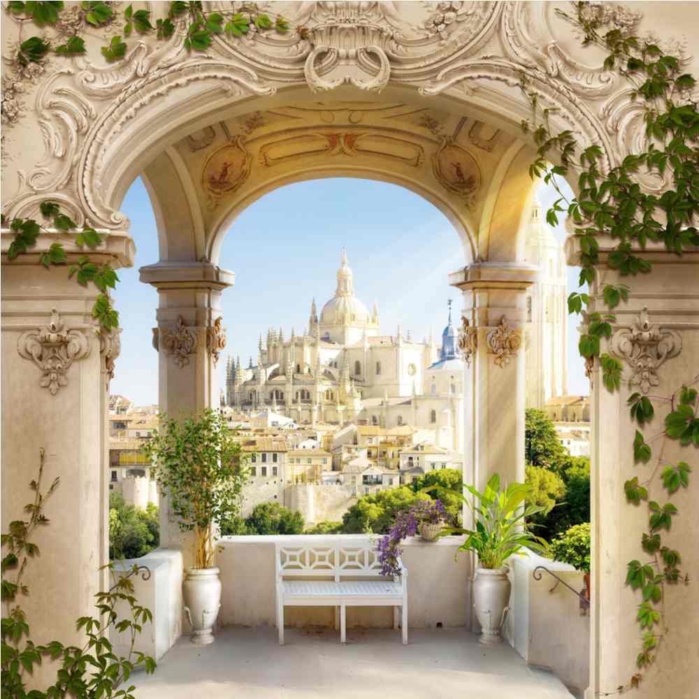Palace and archway A photo of an ornate archway sheltering a sitting area with a bench on it, and a palace in the background, to represent the palace Cupid lived in.