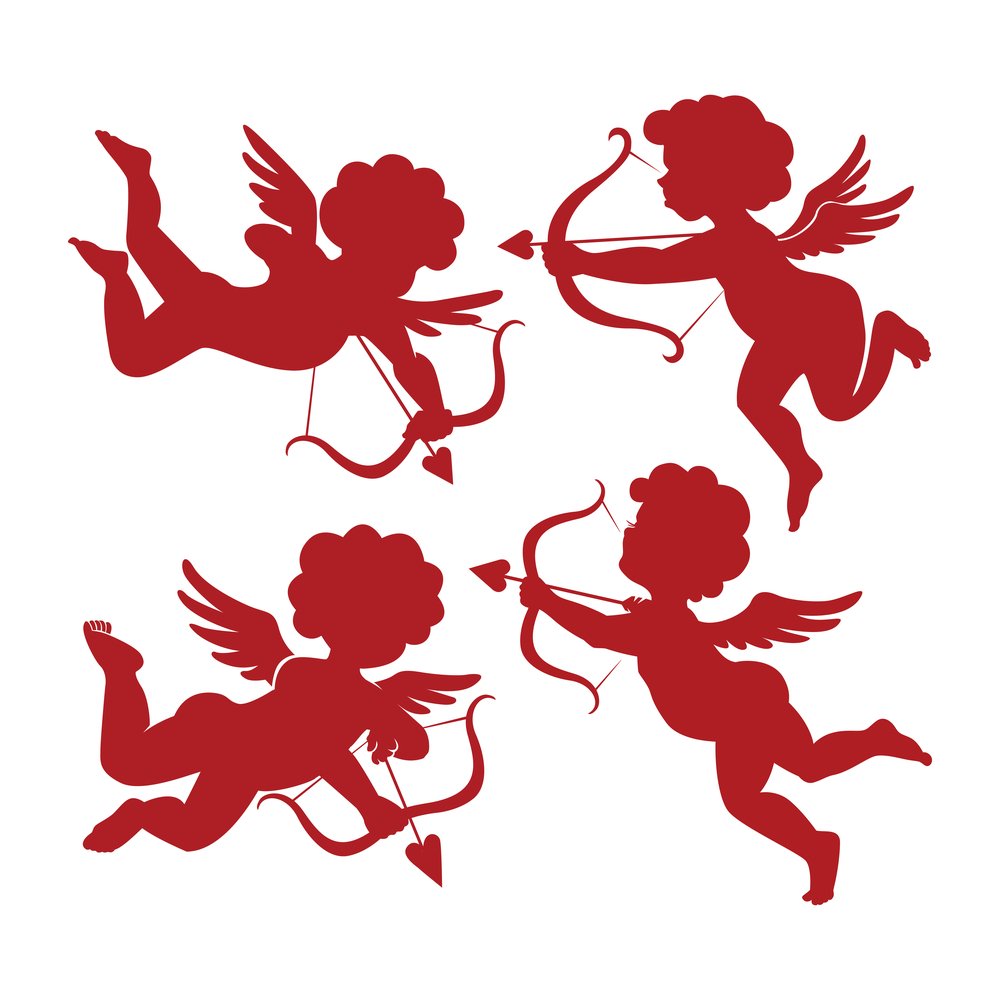 Red cartoon Cupids Four Cupid symbols, each one a red silhouette with wings, aiming a bow and arrow.