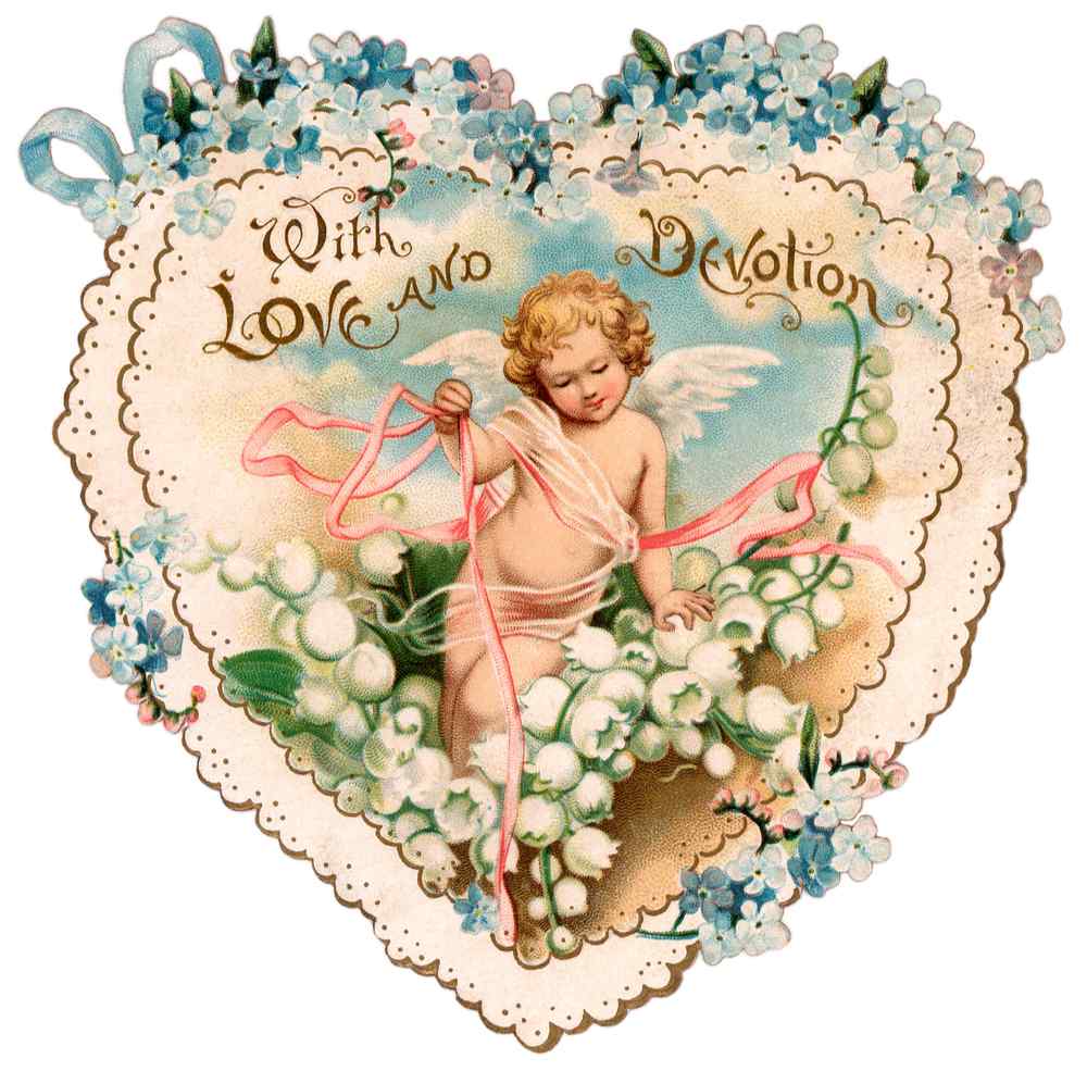 Cupid Valentine's Day card A Cupid Valentine's Day card made into a heart shape with lace, and flowers around the border, Cupid in the middle, and the words "with love and devotion" printed on it.