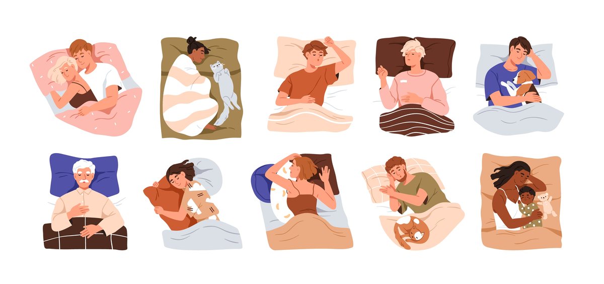 Ten images of people sleeping Ten different cartoon images of people sleeping, some are alone, some are with pets, and some are with partners.