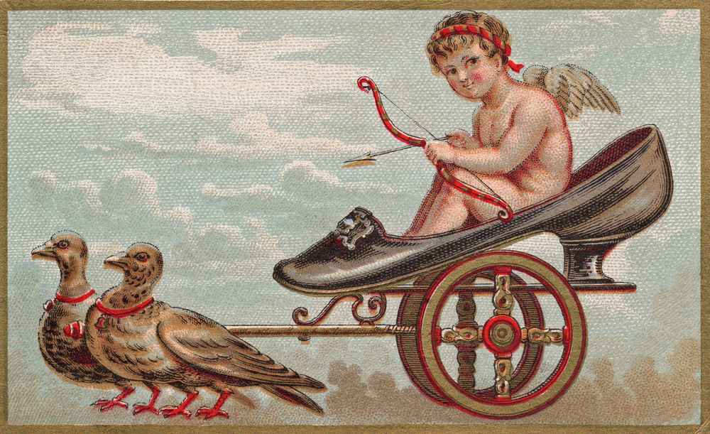 Cupid in a shoe carriage A vintage Cupid in a carriage made of a dark heeled shoe, being pulled by two love birds, symbolizing Cupid god of love.