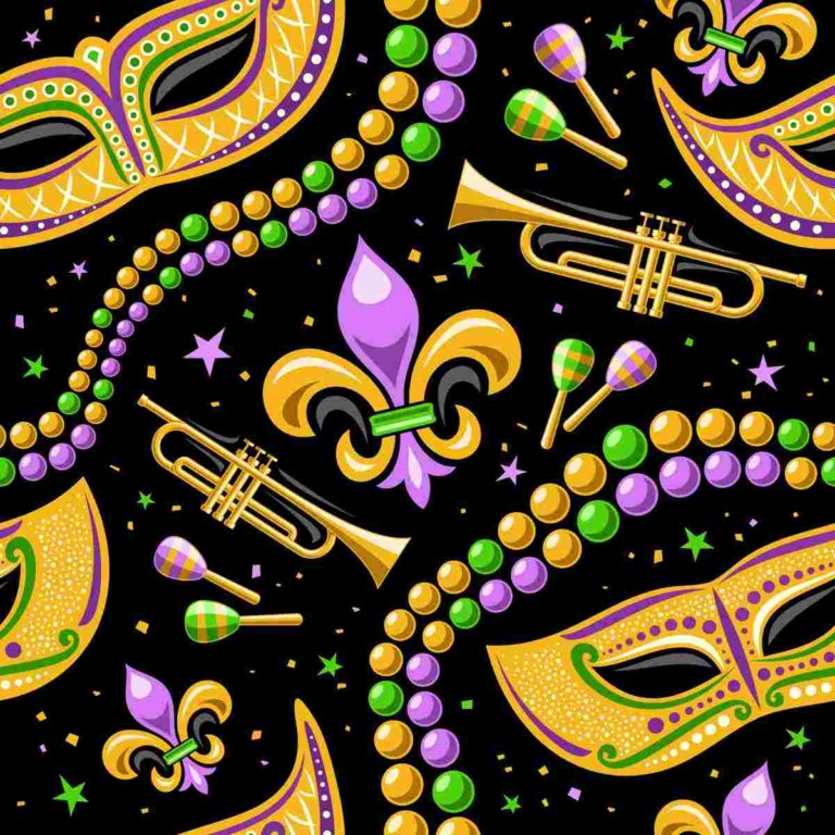 A black background with Mardi Gras symbols on it like masks, beads, brass, and the fleur de lis.