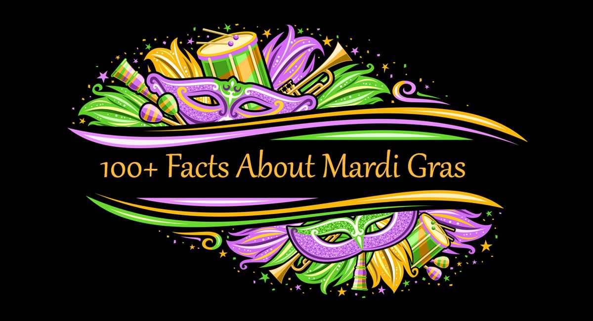 A black background with the text "100+ facts about Mardi Gras" in the center with Mardi Gras symbols above and below the text, including drums, Mardi Gras masks, feather, trumpets and maracas. 