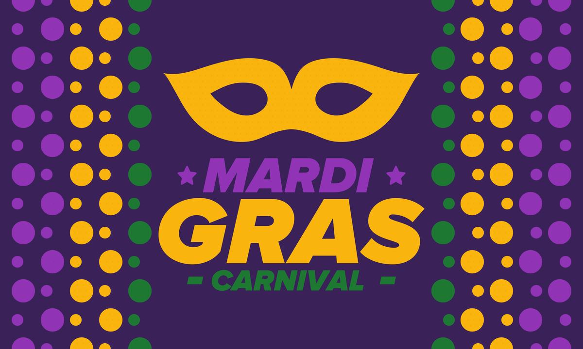 A yellow Mardi Gras mask above the words "Mardi Gras Carnival" on a purple background with various sized dots surrounding it in the colors of Mardi Gras (purple, gold and green).