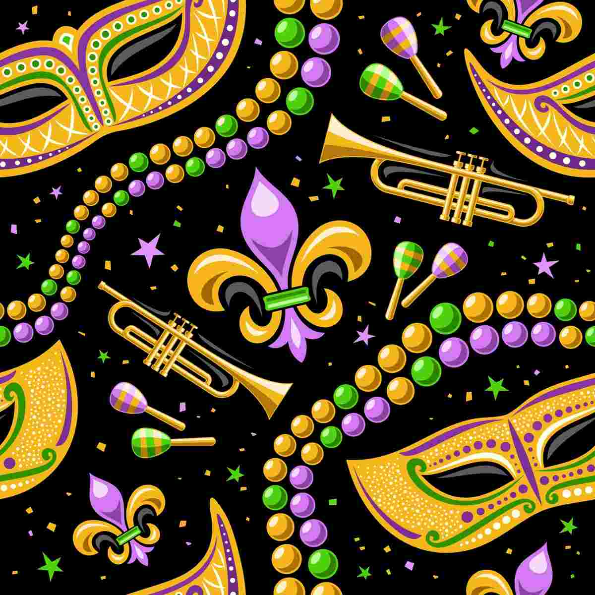 Mardi Gras symbols A black background with Mardi Gras symbols on it like masks, beads, brass, and the fleur de lis.