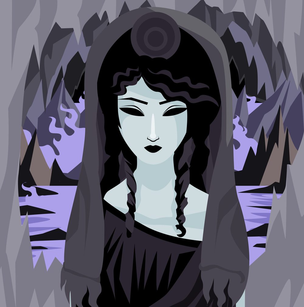 Persephone queen of the underworld A cartoon of Persephone, the queen of the underworld standing in a cave.