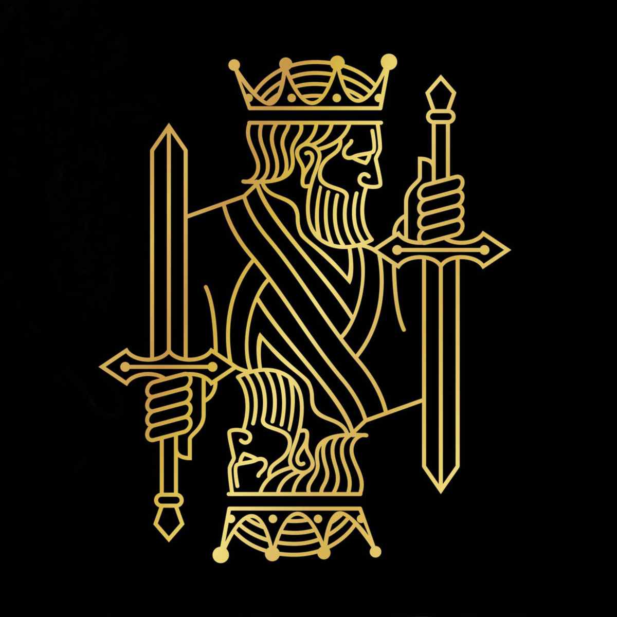 A golden king holding a sword on a black background showed mirrored vertically.