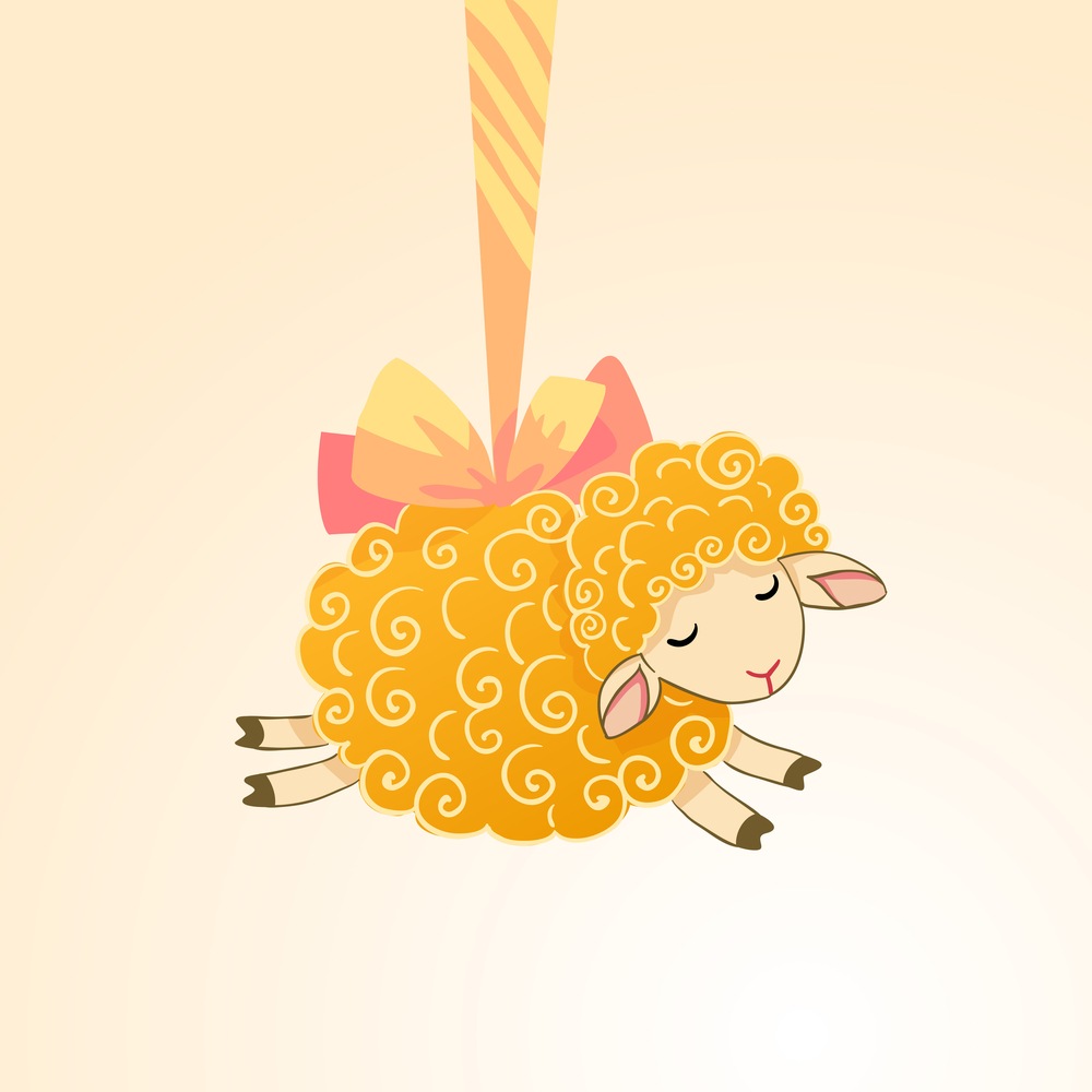 Sheep with golden fleece A cute cartoon sheep golden in color hanging down from a golden rope with a pink bow.