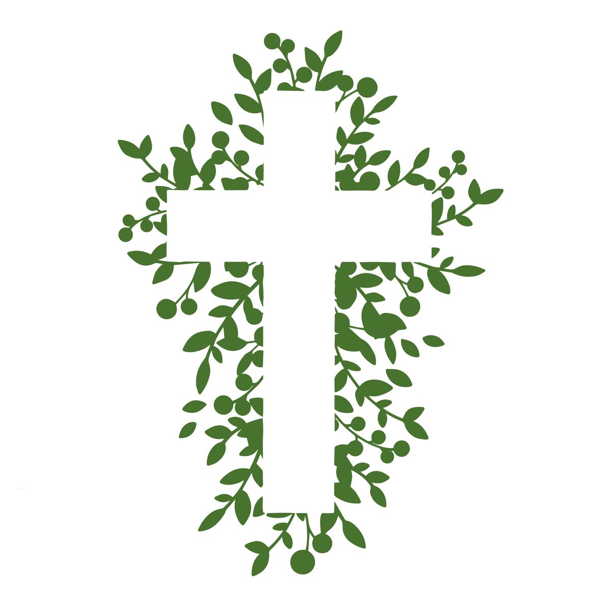 A white cross surrounded by greenery to show the green color meaning of religion and resurrection. 