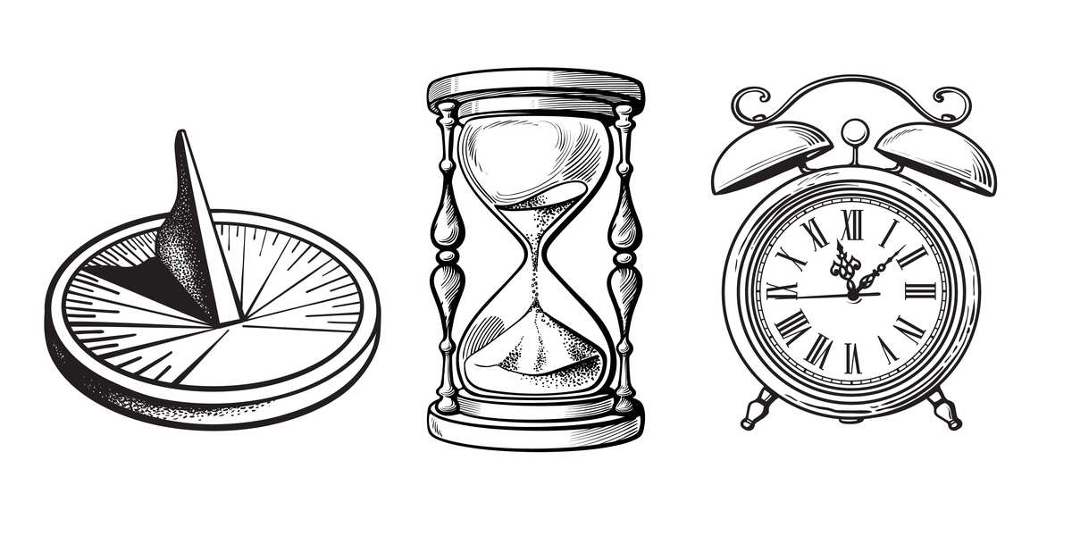 Sun dial, hourglass and alarm clock Three time pieces, a sun dial, an hourglass, and an alarm clock highlighting the evolution of time, and the history of daylight savings time.