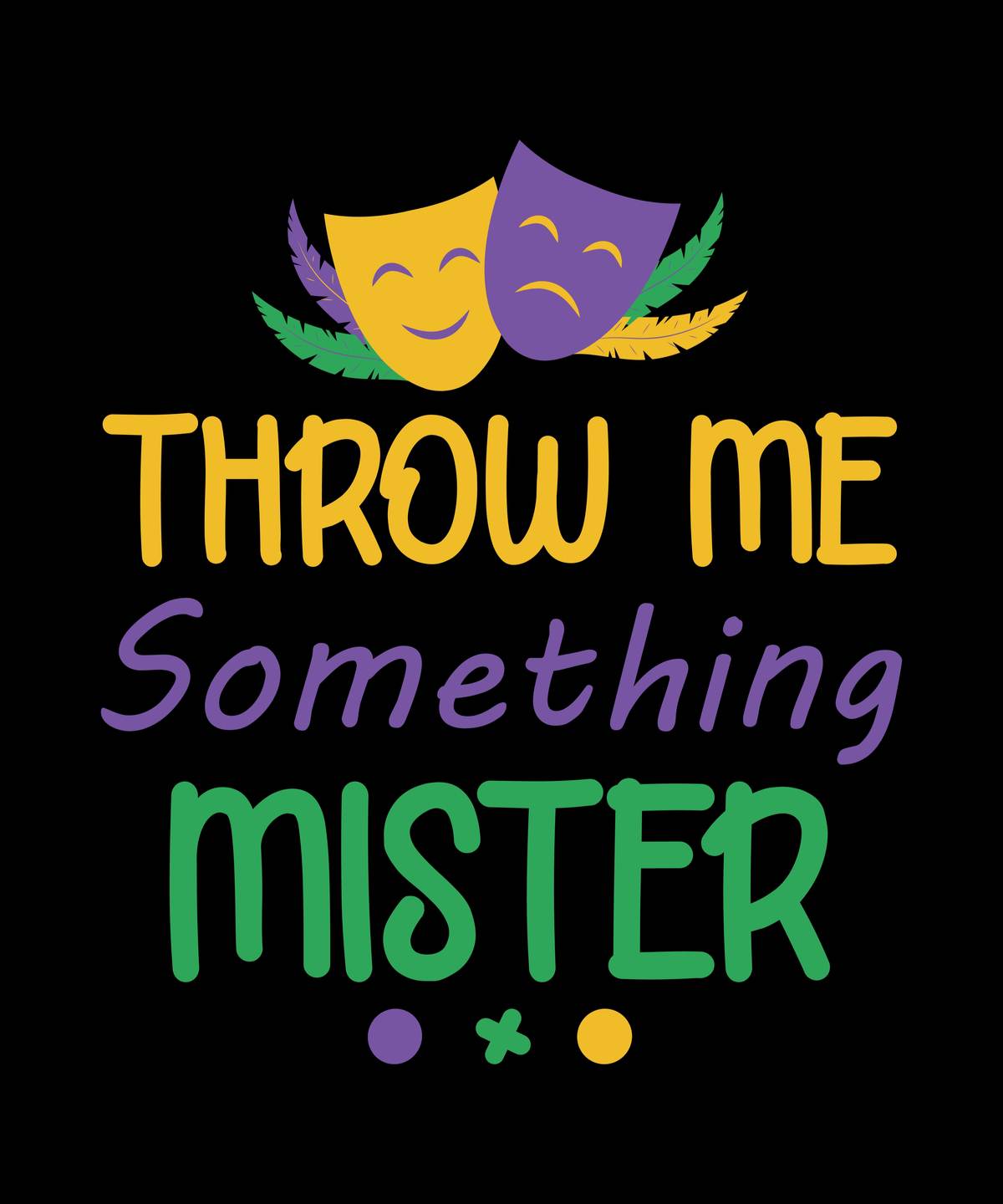 The words "throw me something mister" on a black background with two Mardi Gras masks above it.