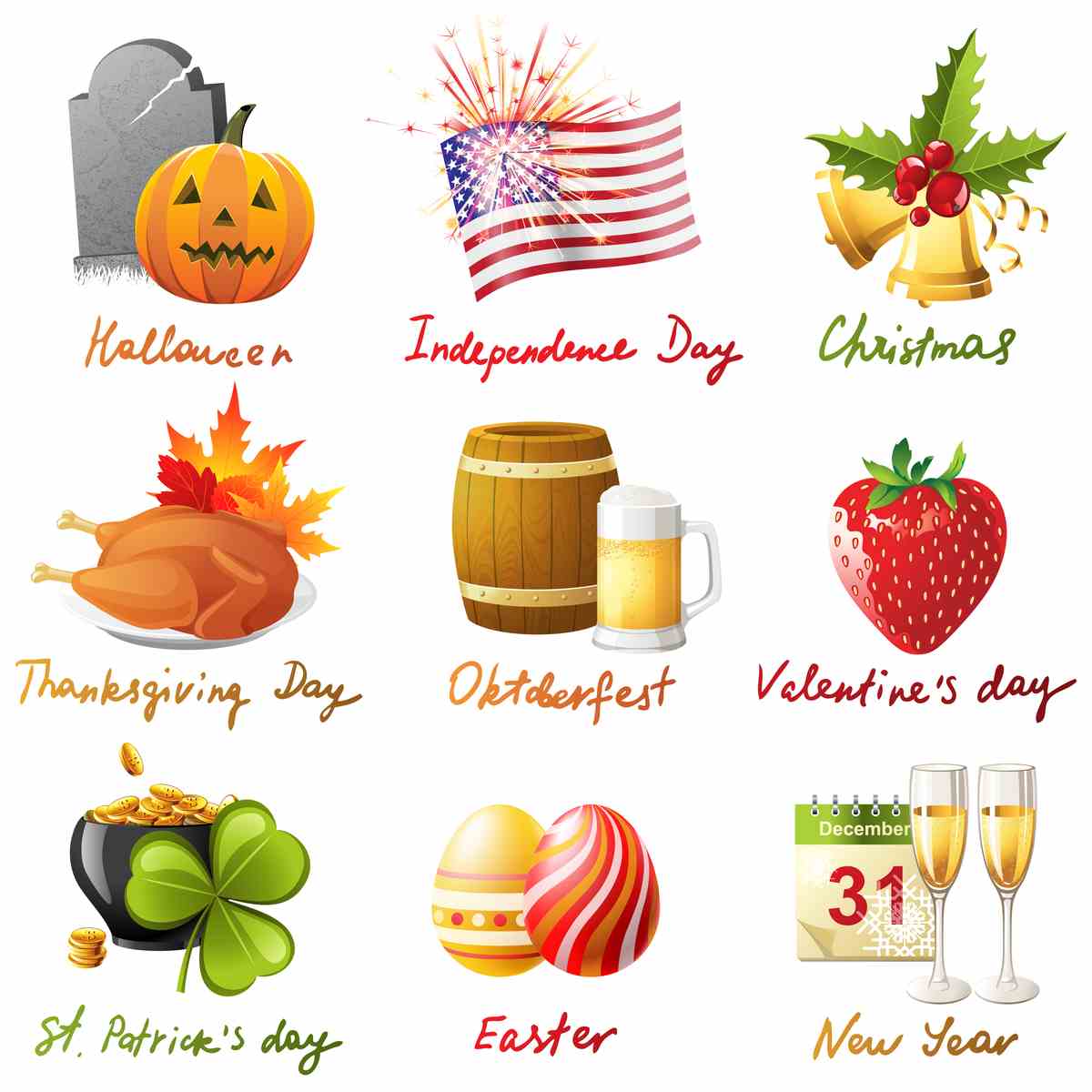 An infographic of nine different holiday names and the symbols associated with them.