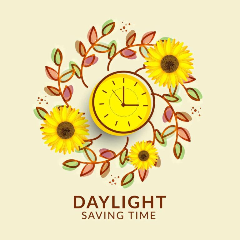 A yellow clock surrounded by sunflowers and leaves with text under it that reads "daylight saving time".