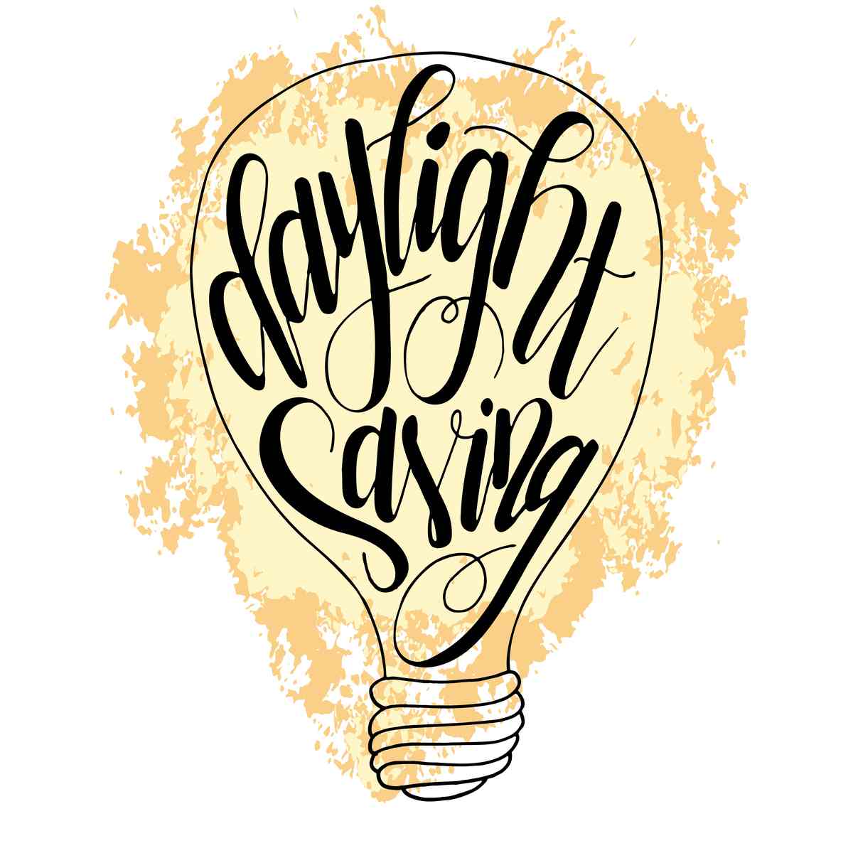 Daylight saving lightbulb An illustration of a lightbulb with the words "daylight saving" inside the bulb in calligraphy lettering.