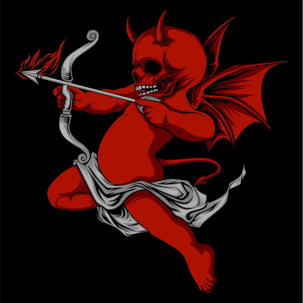 Cupid as a demon Cupid depicted as a demon of fornication, showed in all red, with a skull head, red wings, horns, and a bow and arrow.