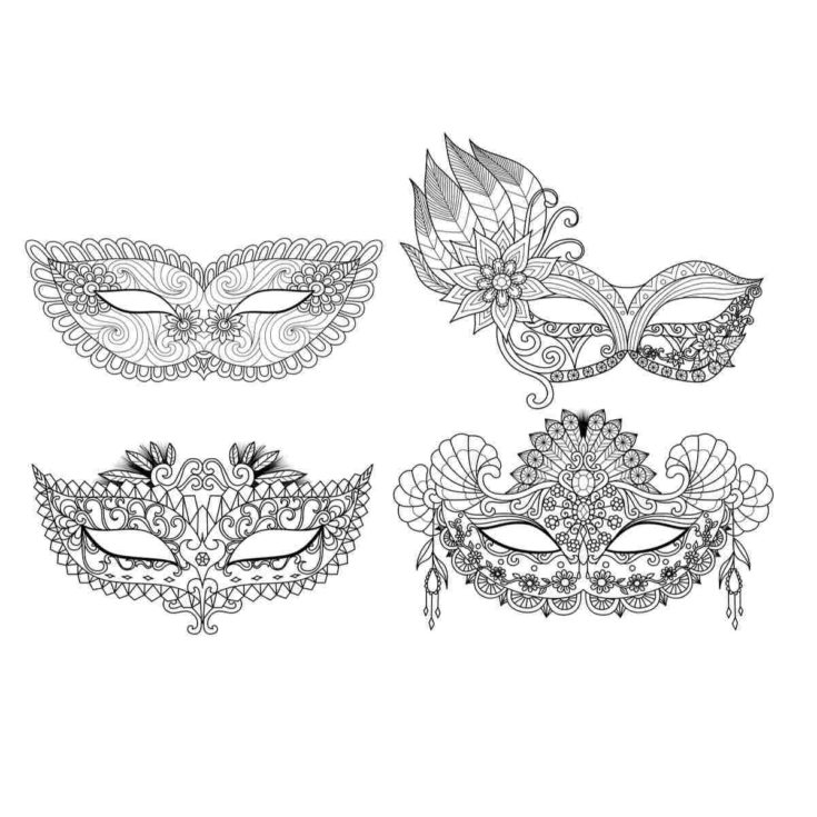 A Mardi Gras coloring page with four different Mardi Gras masks on it, each mask has a black outline, and has not been colored in yet.