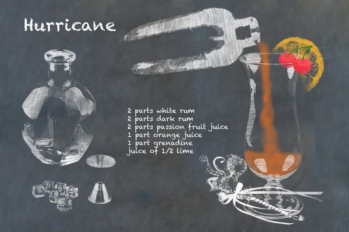 Hurricane cocktail and recipe A chalkboard with a drawing of a Hurricane cocktail recipe, and the drink beside it.