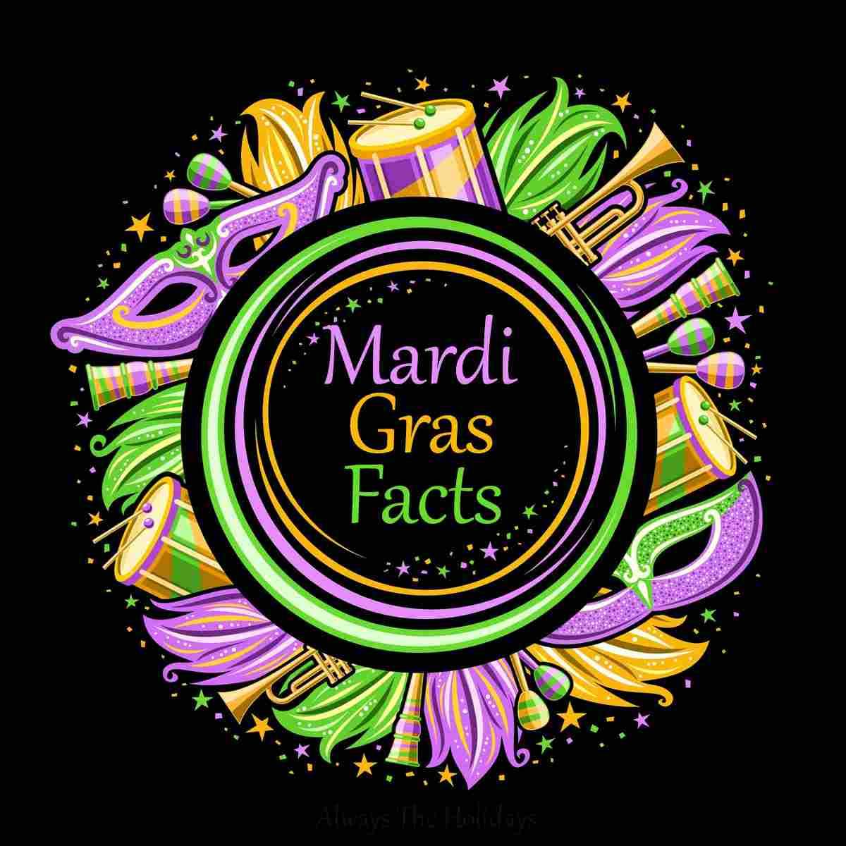 The words "Mardi Gras Facts" in the center of a circle of Mardi Gras symbols on a black background.