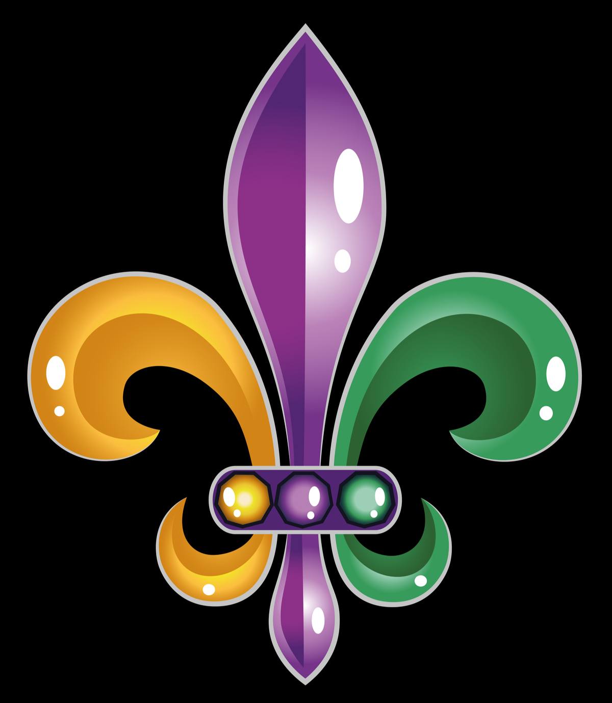 Mardi Gras fleur de lis A gold, purple and green Mardi Gras fleur-de-lis on a black background.